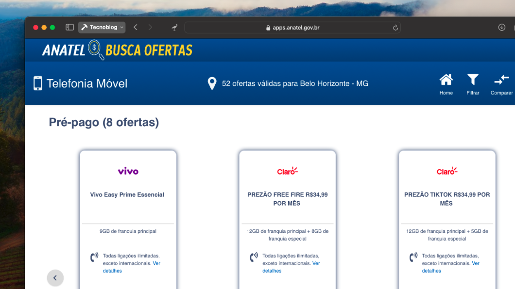 Captura de tela do Anatel Busca Ofertas, portal que permite comparar planos de telecomunicações. A imagem em questão mostra o comparativo entre planos pré-pagos da Vivo e Claro.