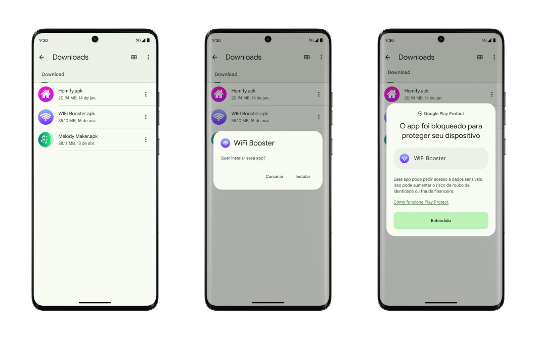 Capturas de tela mostram Google Play Protect bloqueando instalação de app baixado de fonte alternativa por potencial risco de segurança e privacidade