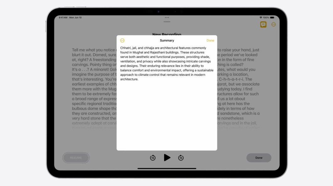 Resumo de texto no iPad (Imagem: Reprodução/Apple)