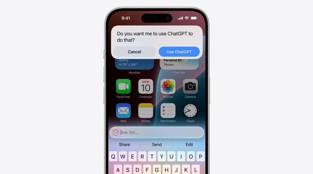 Tela do iOS 18 utilizando o ChatGPT integrado com a Siri