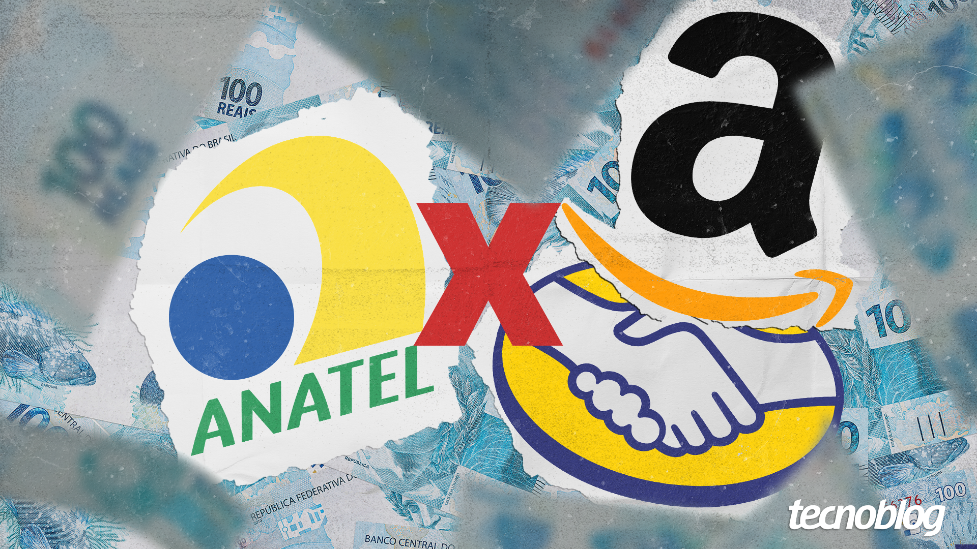 Ilustração com as marcas da Anatel, Amazon e Mercado Livre cercadas de notas de real