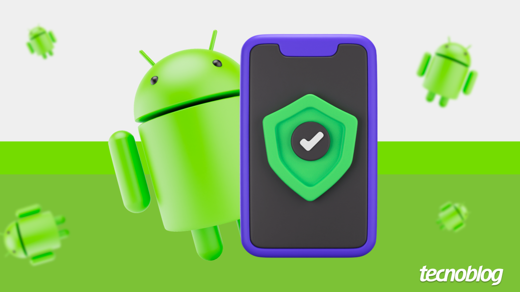 Ícone do Android ao lado de celular com símbolo de proteção