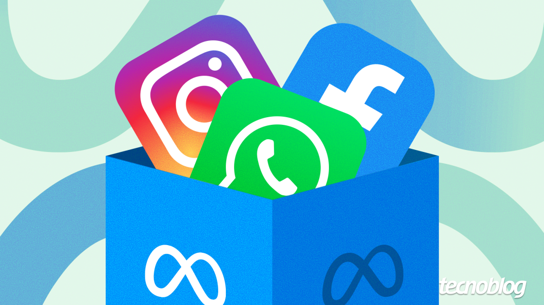 Ilustração com os ícones de WhatsApp, Instagram e Facebook inseridos numa caixa com a marca da Meta