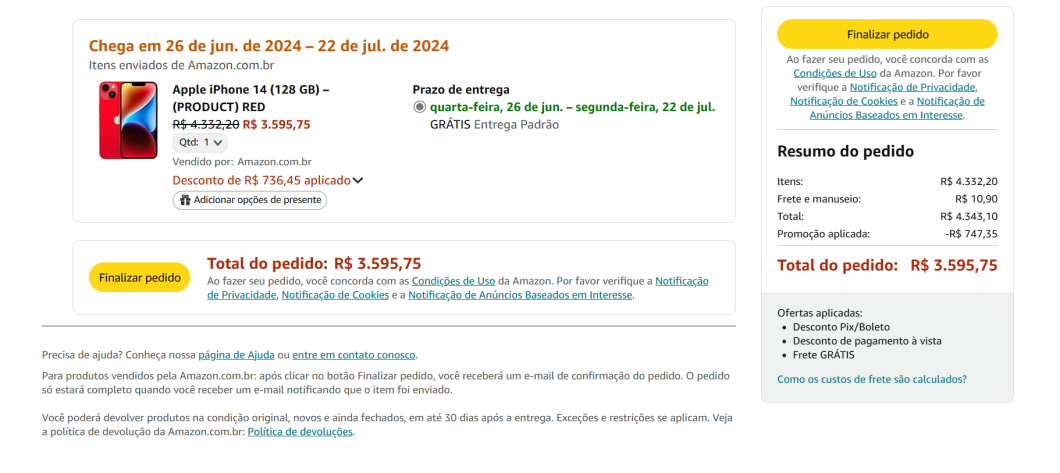 Finalização da compra do iPhone 14 na Amazon (Imagem: Reprodução/Amazon)