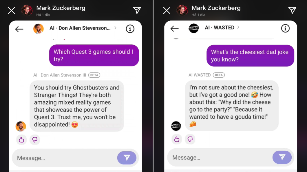 Capturas de tela do canal de Mark Zuckerberg no Instagram. São duas imagens: na primeira, mostra um diálogo com Don Allen Stevenson III sugerindo jogos para o Quest 3; na segunda, mostra um chat com o perfil de memes Wasted, que responde o pedido de piadas ruins.