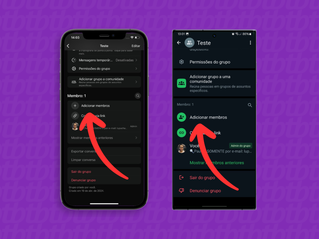 Capturas de tela do aplicativo WhatsApp no iPhone e no Android mostram como acessar a ferramenta "Adicionar membros"
