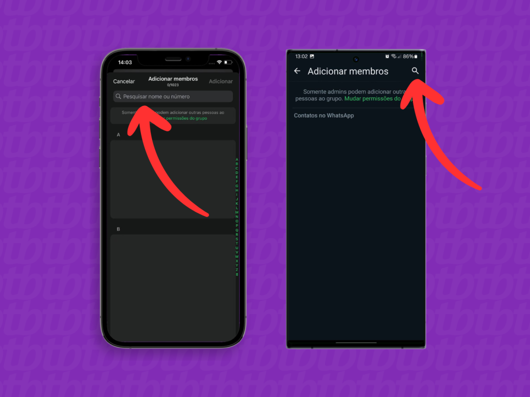 Capturas de tela do aplicativo WhatsApp no iPhone e no Android mostram como iniciar a pesquisa do contato