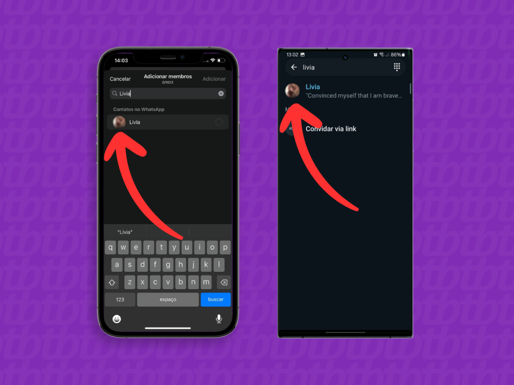 Capturas de tela do aplicativo WhatsApp no iPhone e no Android mostram como selecionar o contato para adicionar ao grupo