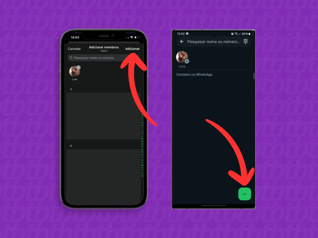 Capturas de tela do aplicativo WhatsApp no iPhone e no Android mostram adicionar o contato ao grupo