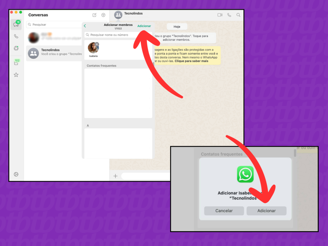 Captura de tela do aplicativo WhatsApp no Mac mostra como adicionar o membro ao grupo