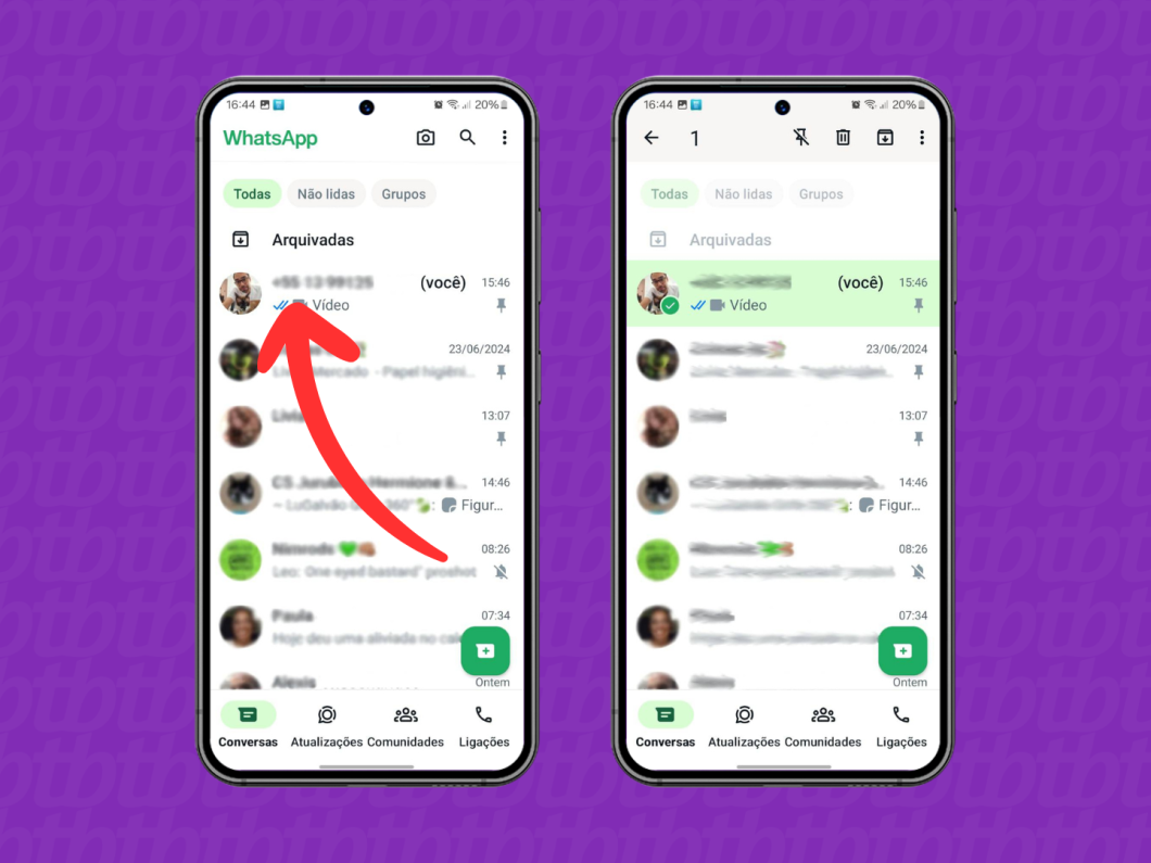 Capturas de tela do aplicativo WhatsApp no Android mostram como selecionar uma conversa