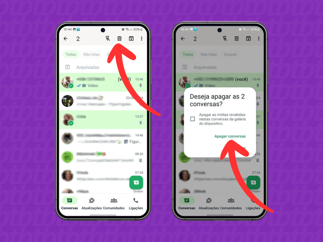 Capturas de tela do aplicativo WhatsApp no Android mostram como apagar conversas