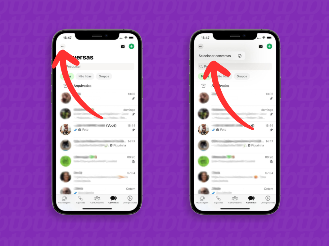 Capturas de tela do aplicativo WhatsApp no iPhone mostram como acessar a opção "Selecionar conversas"
