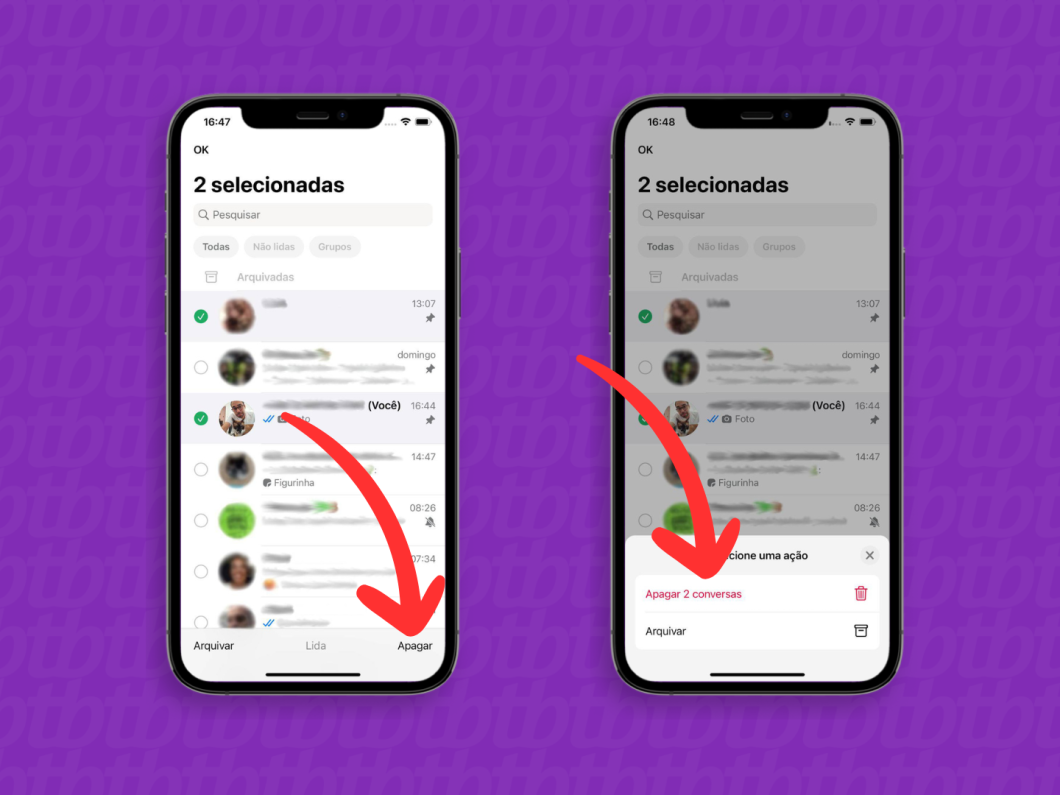 Capturas de tela do aplicativo WhatsApp no iPhone mostram como apagar conversas