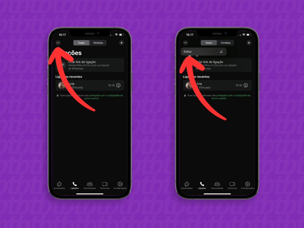 Capturas de tela do aplicativo WhatsApp no iOS mostram como acessar a opção "Editar"