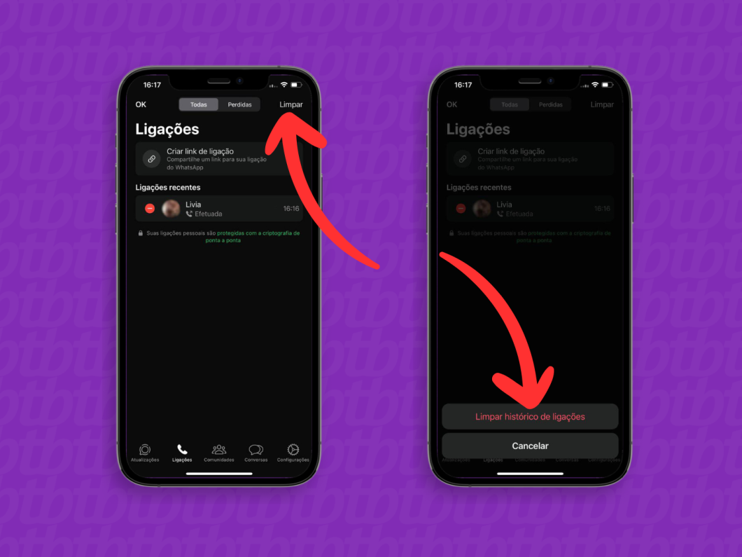 Capturas de tela do aplicativo WhatsApp no iOS mostram como limpar o histórico de ligações