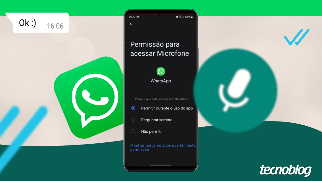 Ilustração mostra um celular exibindo a tela do Android de Permissão para acessar Microfone do WhatsApp