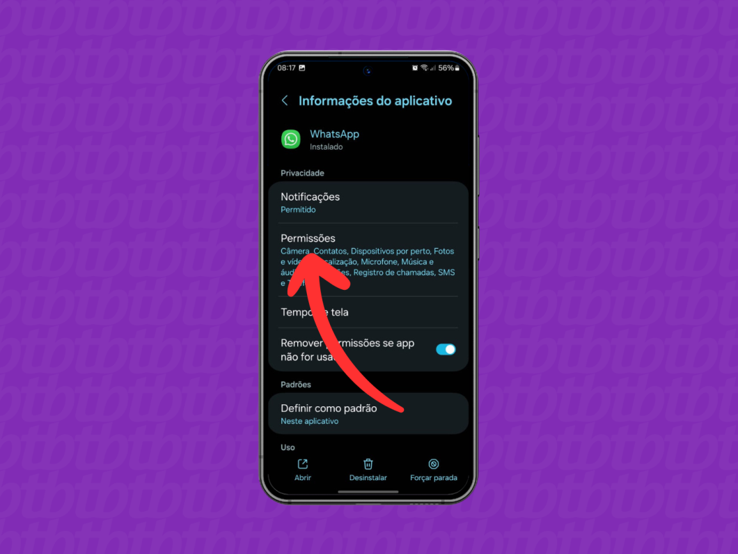 Captura de tela do Android mostra como acessar as "Permissões" do WhatsApp