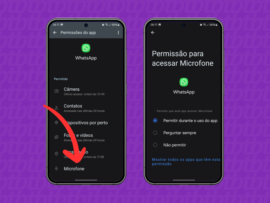 Captura de tela do Android mostra como acessar as configurações de permissão para o uso do microfone pelo WhatsApp