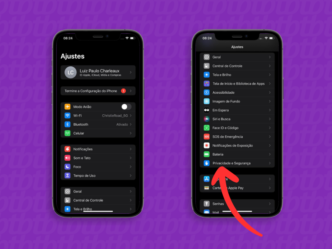 Capturas de tela do iPhone mostram como acessar o menu "Privacidade e Segurança"