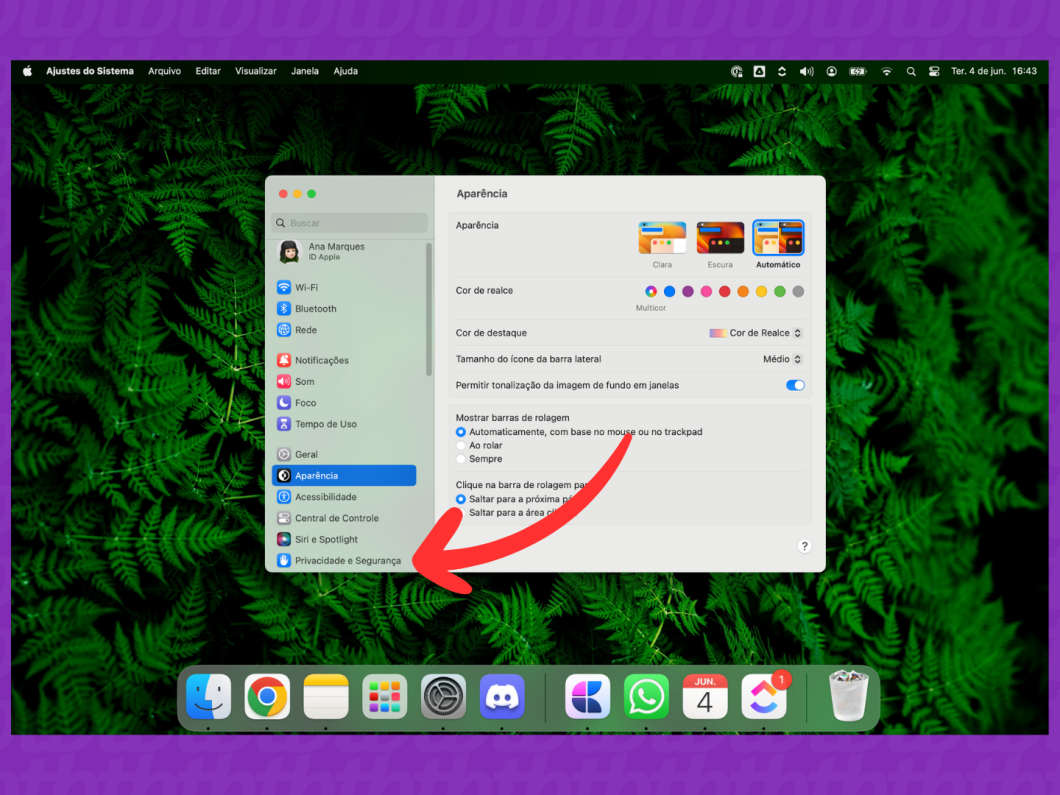 Captura de tela do Mac mostra como acessar o menu "Privacidade e Segurança"