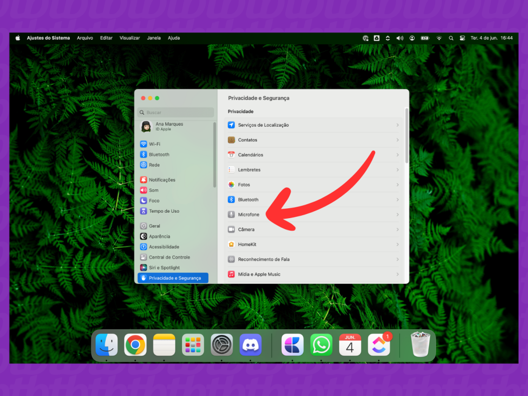 Captura de tela do Mac mostra como acessar as opções de "Microfone"