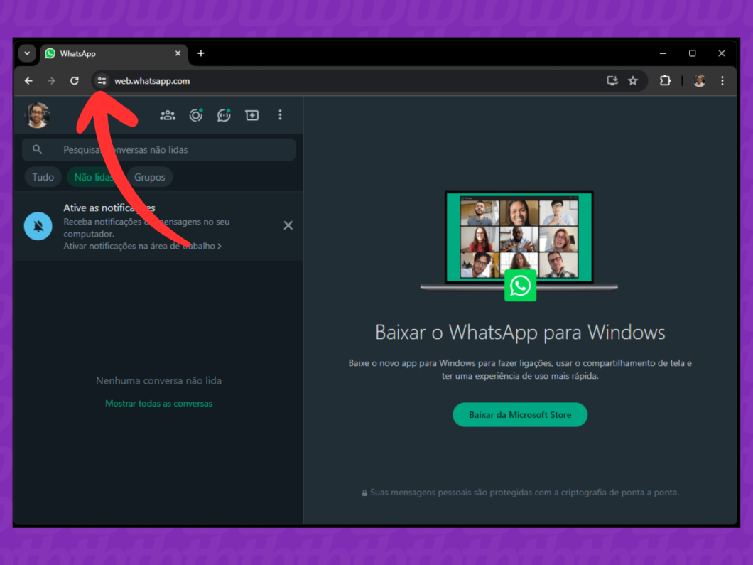 Captura de tela do site WhatsApp Web mostra como abrir o menu de configurações da página