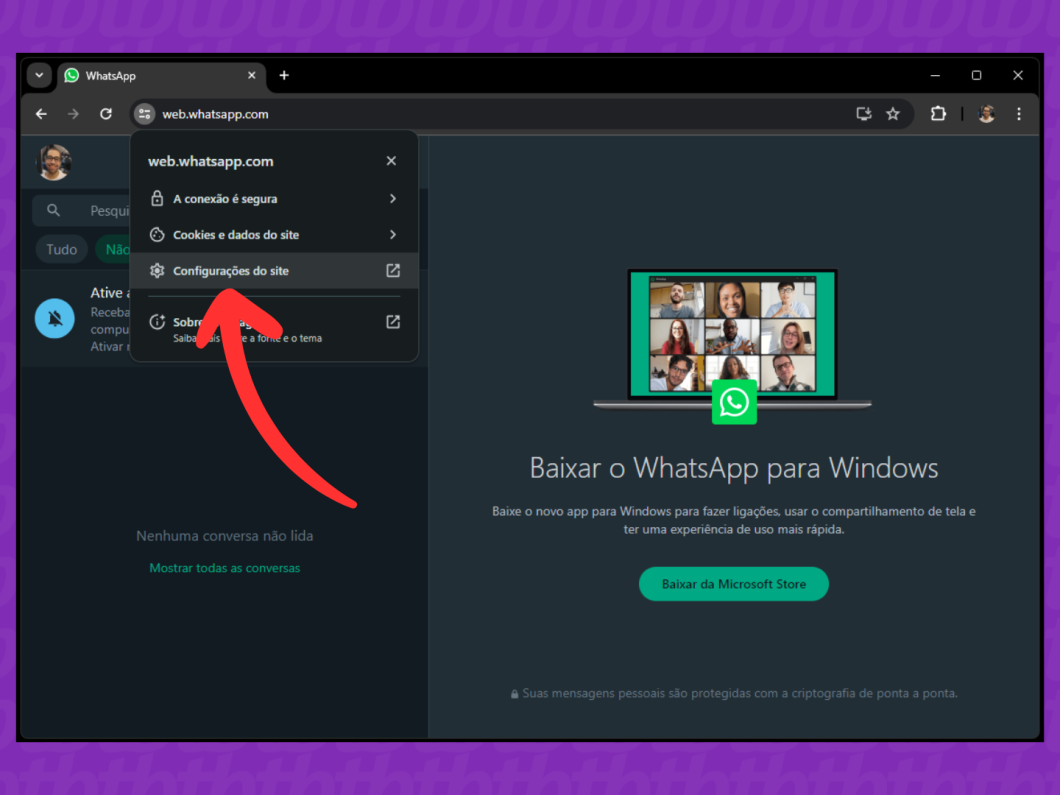 Captura de tela do site WhatsApp Web mostra como acessar as configurações da página
