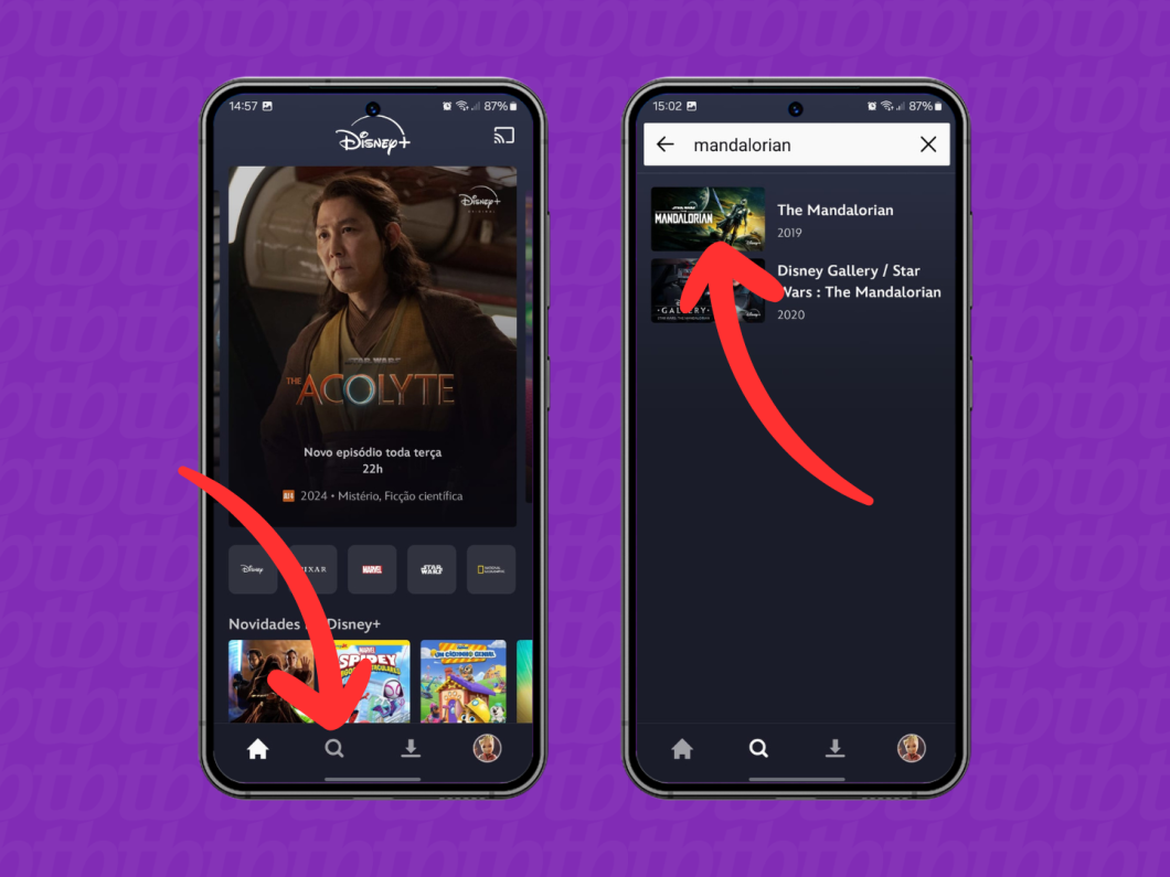 Capturas de tela do aplicativo Disney+ mostram como pesquisar um título no serviço de streaming