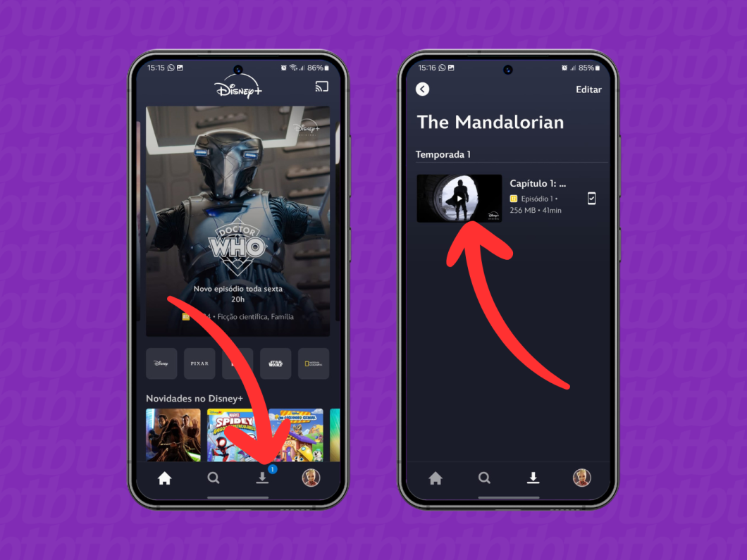 Capturas de tela do aplicativo Disney+ mostram como acessar os conteúdos de downloads