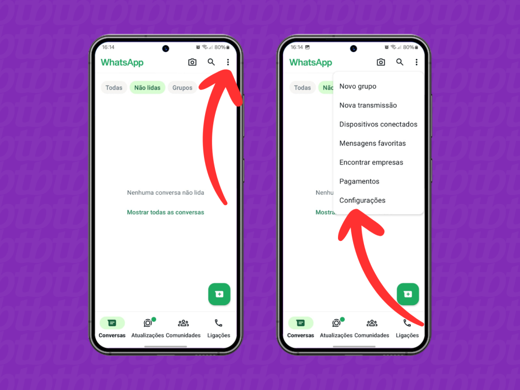Capturas de tela do aplicativo WhatsApp no Android mostram como acessar as configurações
