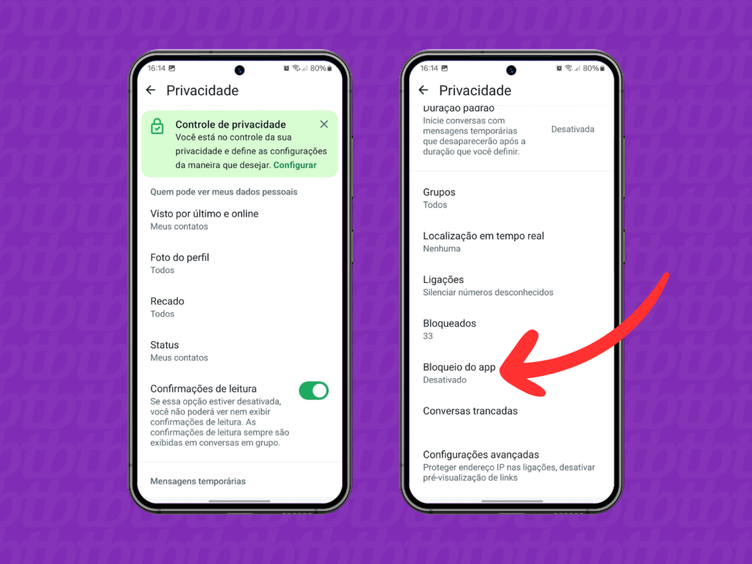 Capturas de tela do aplicativo WhatsApp no Android mostram como acessar o menu "Bloqueio do App"