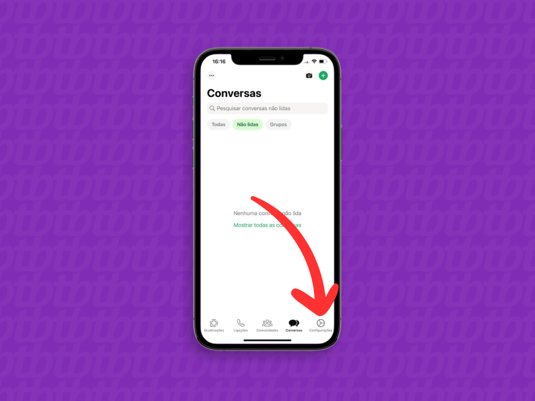 Captura de tela do aplicativo WhatsApp no iPhone mostra como acessar o menu "Configurações"