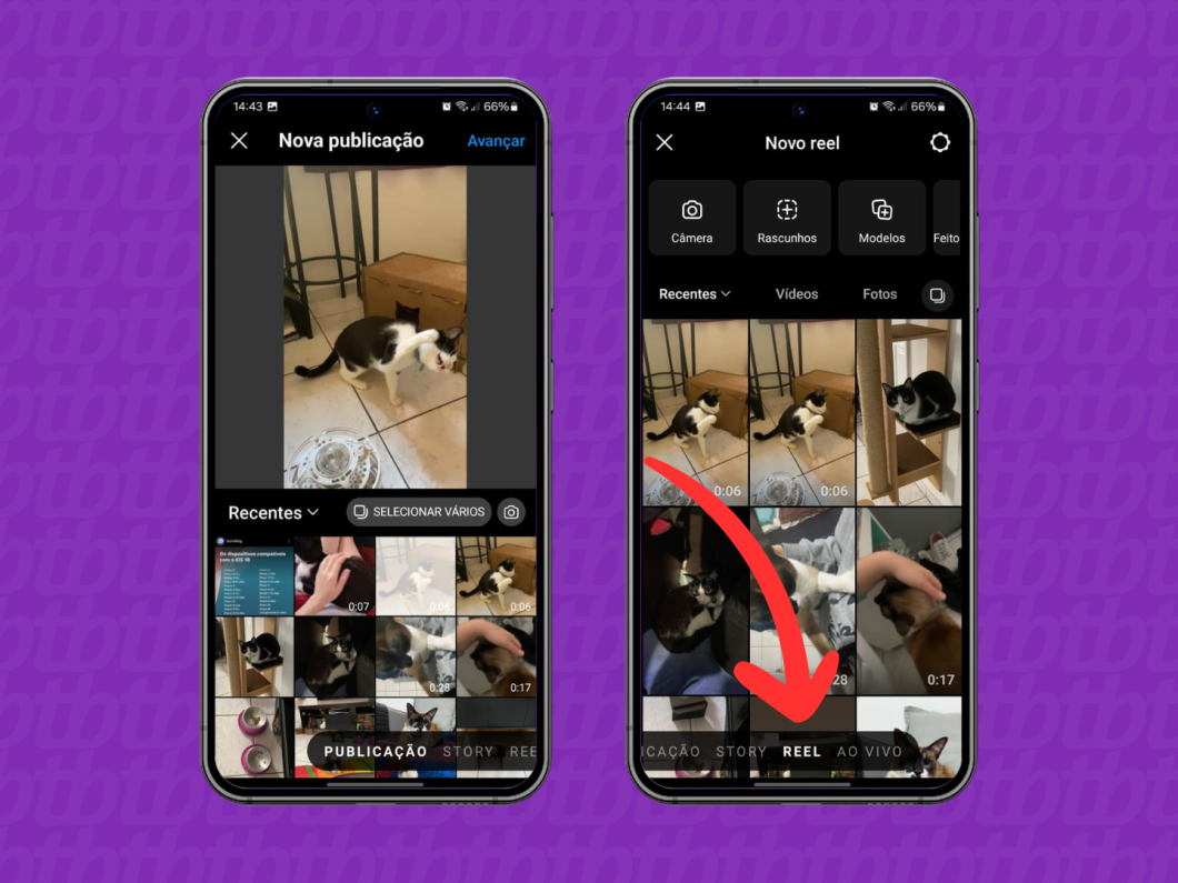Capturas de tela do aplicativo Instagram mostram como acessar a opção "Novo Reel"