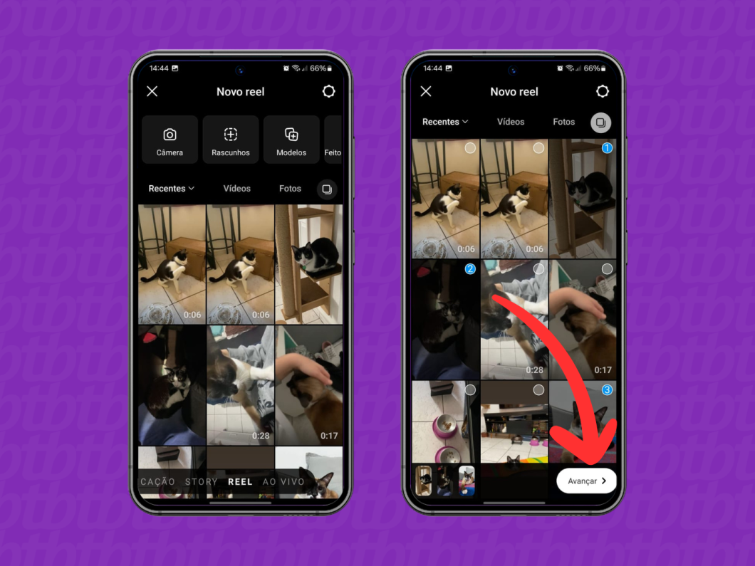 Capturas de tela do aplicativo Instagram mostram como escolher fotos e vídeos para o novo reel