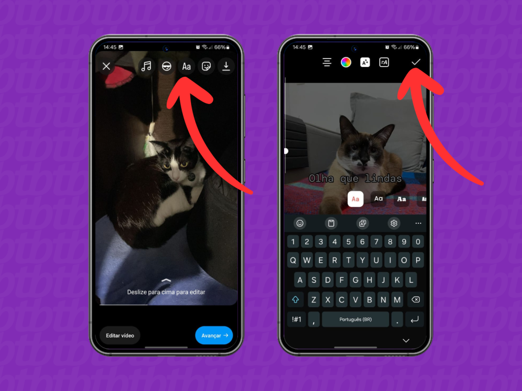 Capturas de tela do aplicativo Instagram mostram como adicionar um texto ao reel