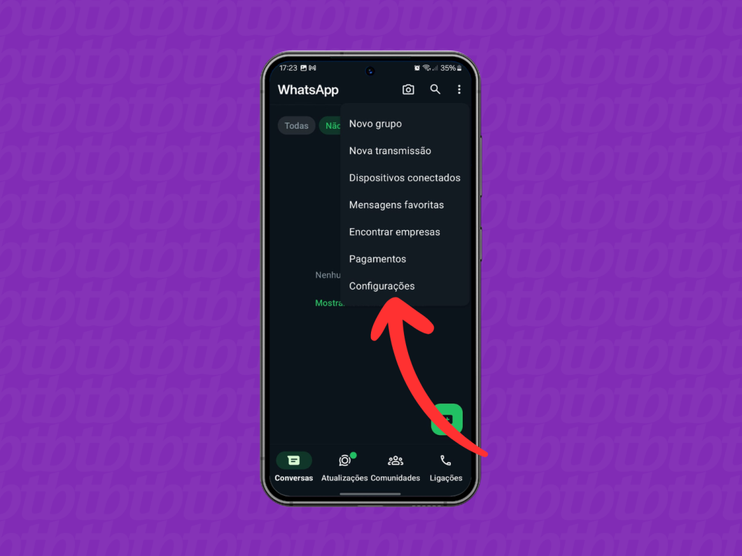 Captura de tela do WhatsApp no Android mostra como abrir as configurações