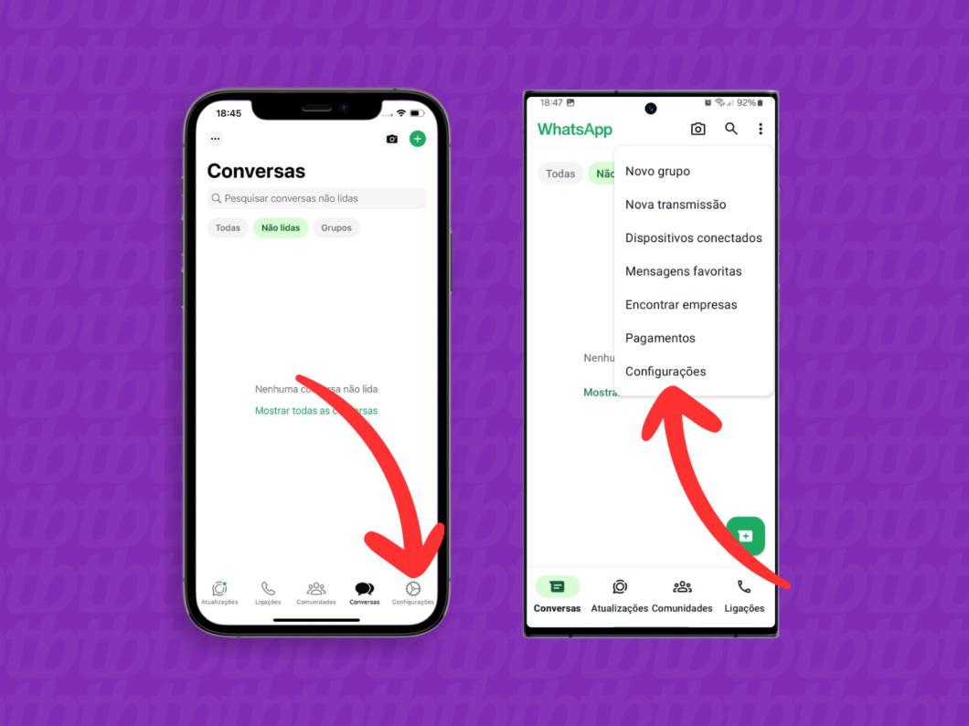 Capturas de tela do aplicativo WhatsApp no iPhone e no Android mostram como acessar as Configurações