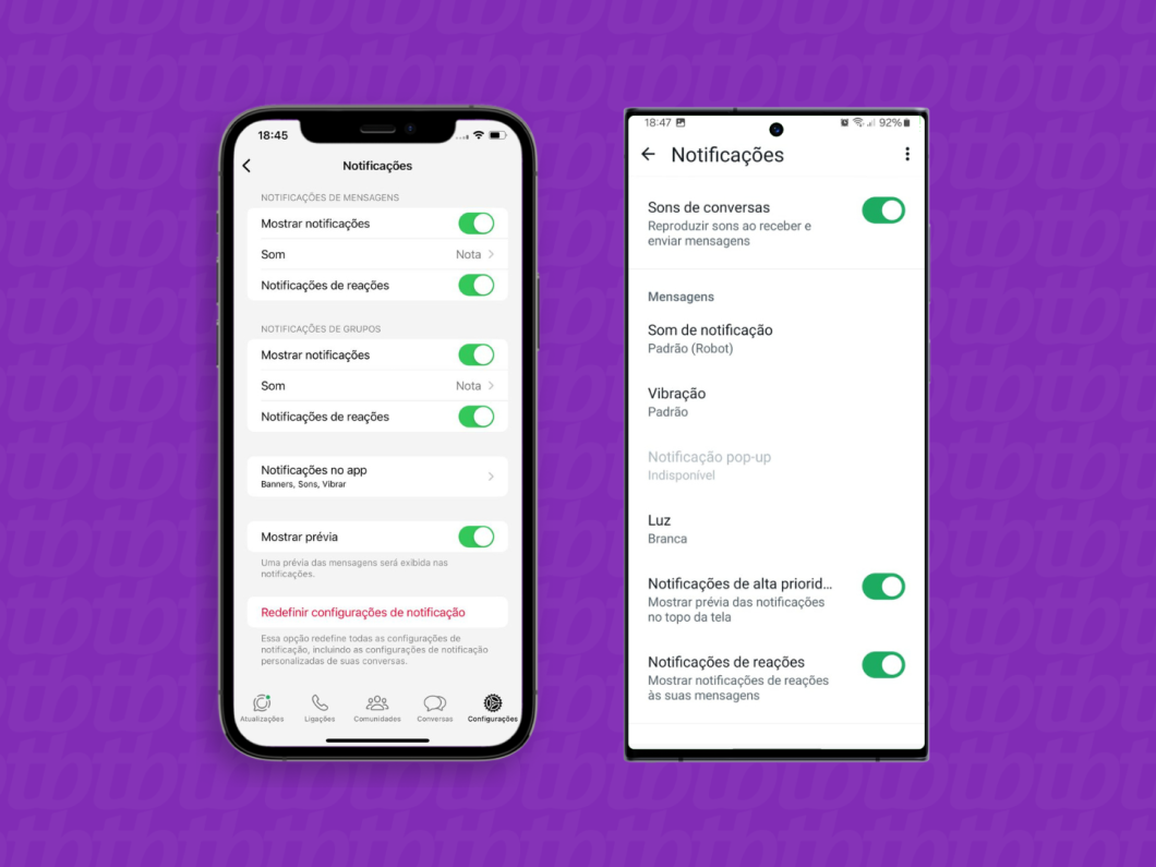 Capturas de tela do aplicativo WhatsApp no iPhone e no Android mostram como selecionar as notificações que serão desativadas