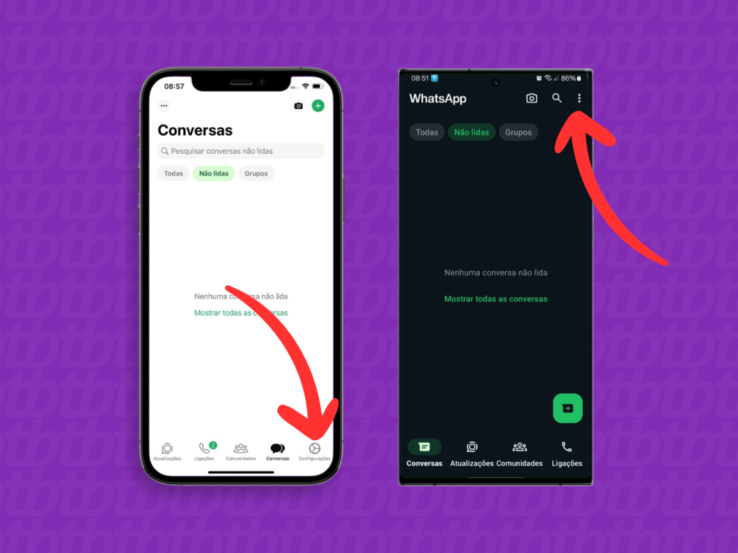 Capturas de tela do aplicativo WhatsApp no iPhone e no Android mostram como acessar a configuração