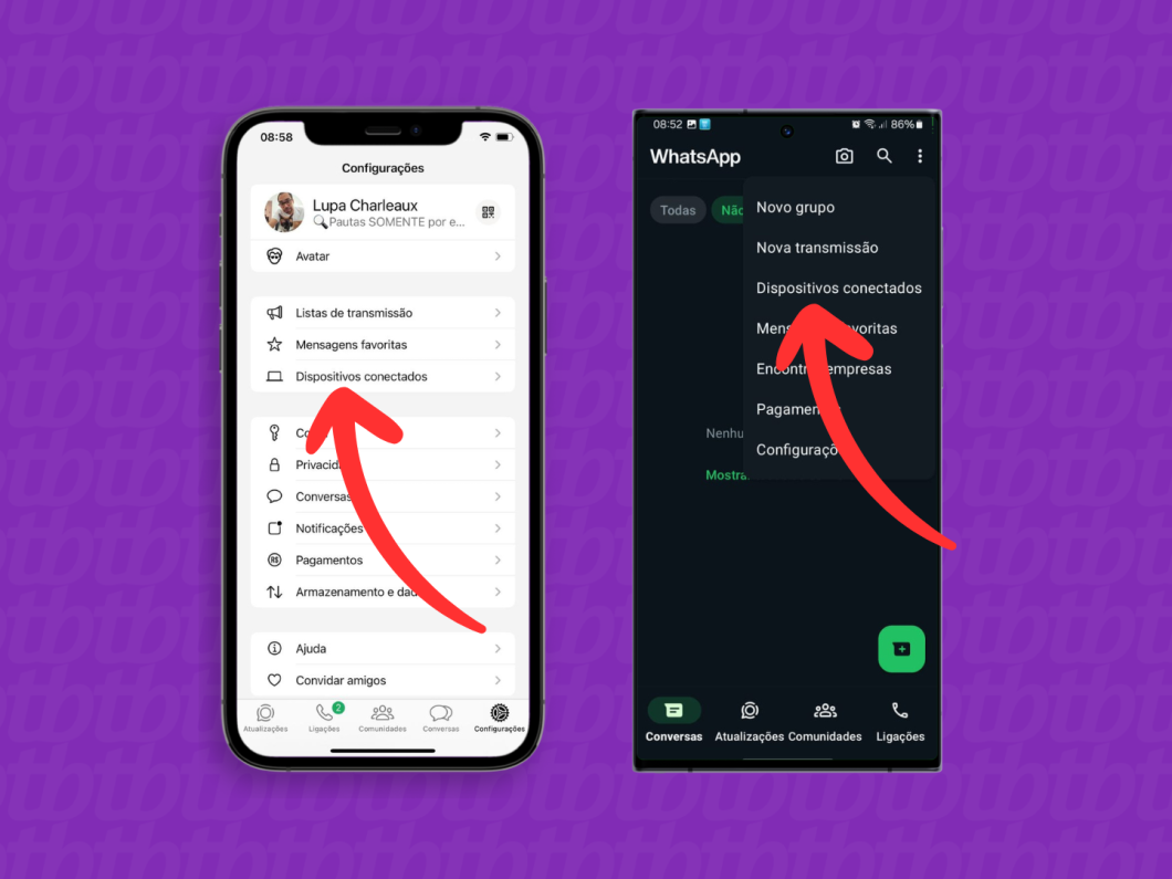Capturas de tela do aplicativo WhatsApp no iPhone e no Android mostram como abrir o menu "Dispositivos conectados"
