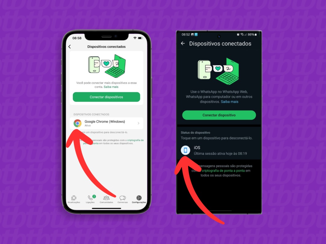 Capturas de tela do aplicativo WhatsApp no iPhone e no Android mostram como selecionar um dispositivo conectado