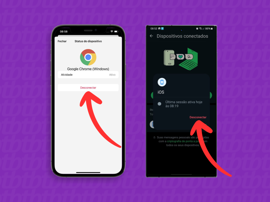 Capturas de tela do aplicativo WhatsApp no iPhone e no Android mostram como desconectar um dispositivo remotamente