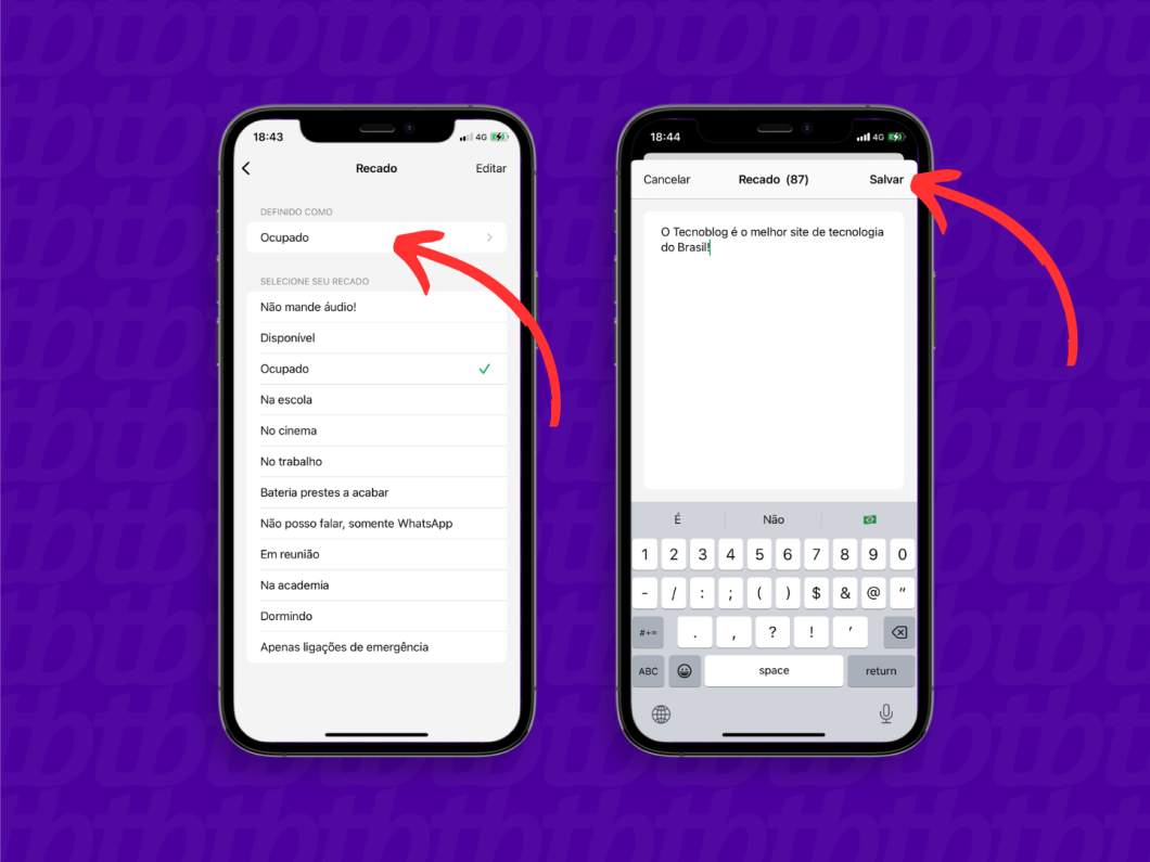 Captura de tela mostra como acessar e editar o recado do WhatsApp no iPhone