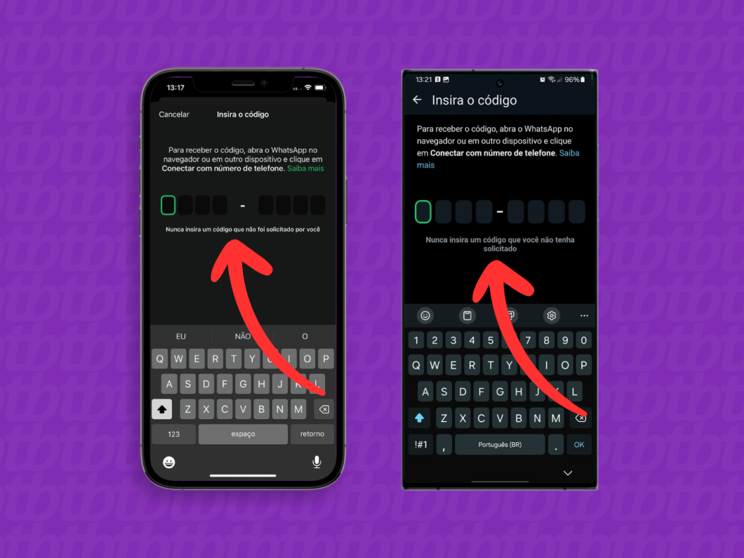 Capturas de tela do WhatsApp para iOS e Android mostram como inserir o código para conectar o novo dispositivo