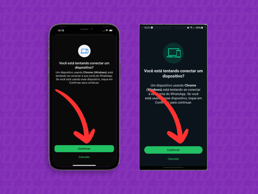 Capturas de tela do WhatsApp para iOS e Android mostram como confirmar a conexão de um novo dispositivo
