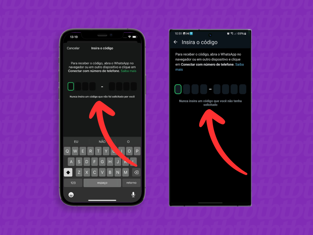 Capturas de tela do WhatsApp para iOS e Android mostram como usar o código de confirmação de um novo dispositivo