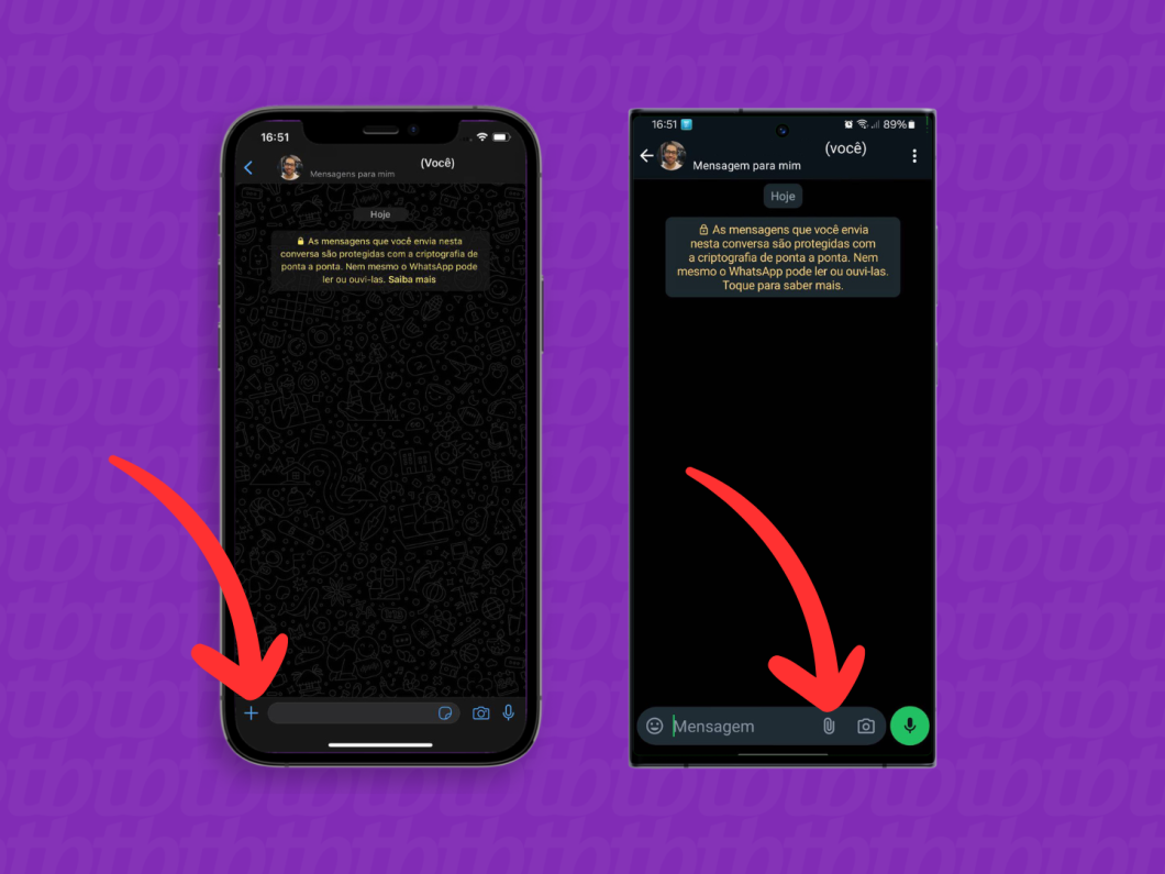 Capturas de tela do aplicativo WhatsApp no iOS e no Android mostram como abrir o menu "Anexar"