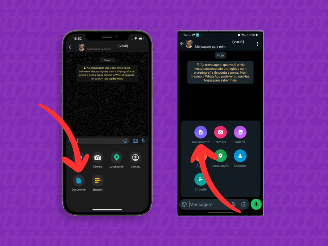 Capturas de tela do aplicativo WhatsApp no iOS e no Android mostram como acessar a ferramenta "Documento"