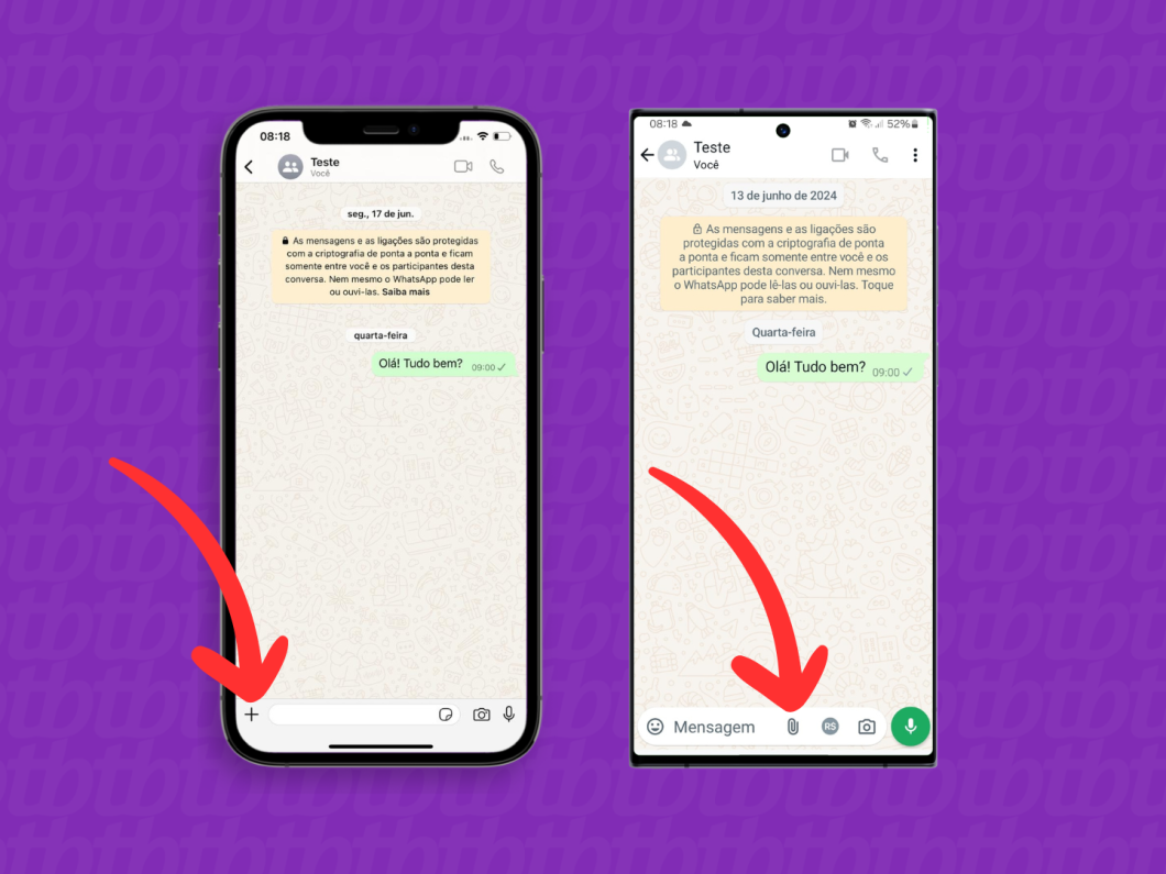 Capturas de tela do aplicativo WhatsApp no iPhone e no Android mostram como abrir o menu de ferramentas